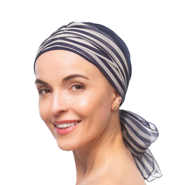 Turban granatowy z długą ozdobną szarfą w paski BEATA # sz. 429+BM20