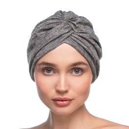 Marszczony turban z krzyżowanym frontem szary z drobnym złotym wzorem GALAXY