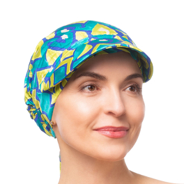 Turban z daszkiem i wiązaniem z tyłu turkusowo granatowo żółty wzór PALERMO # Q-404