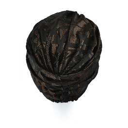 Elegancki marszczony turban z węzłem z przodu czarny w złoty wzór GALA