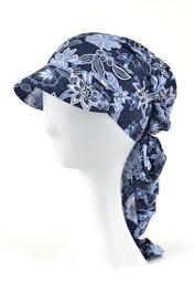 Turban z daszkiem granatowy w błękitne kwiaty SARA # 180A*