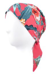 Turban z krótkimi troczkami do zawiązania z tyłu głowy czerwony w liście i kwiaty DAISY # T-12*