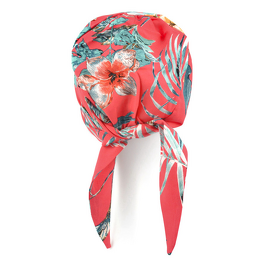Turban z krótkimi troczkami do zawiązania z tyłu głowy czerwony w liście i kwiaty DAISY # T-12*