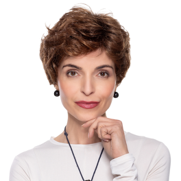 Krótka damska peruka syntetyczna średni brąz z delikatnymi refleksami i odrostem KRISTIN # 5/14/4R