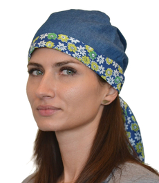 Dwustronny turban imitacja jeansu z motywem kwiatowym IZA # A1-3*