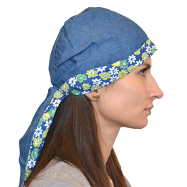 Dwustronny turban imitacja jeansu z motywem kwiatowym IZA # A1-3*