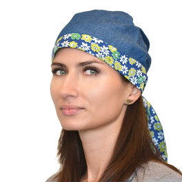 Dwustronny turban imitacja jeansu z motywem kwiatowym IZA # A1-3*